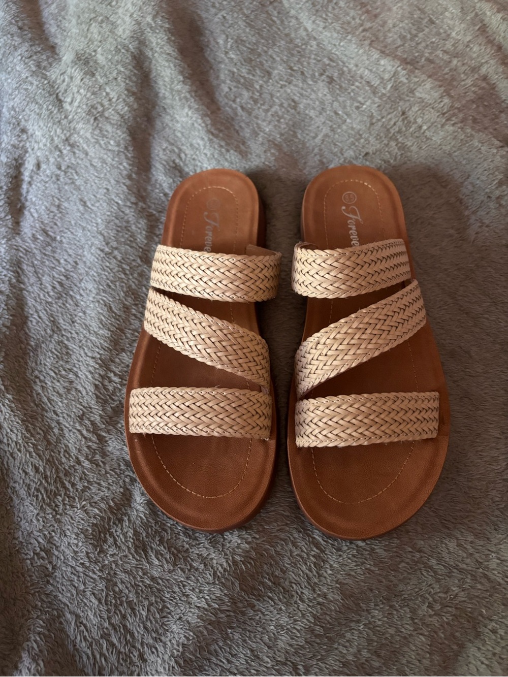 Forever 21 Braided Triple-Strap Slide Sandals in Beige and Tan